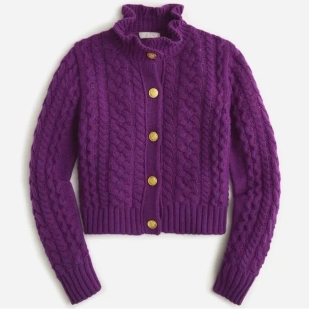 NWOT J Crew Purple Cable-knit Ruffleneck Cardigan Sweater